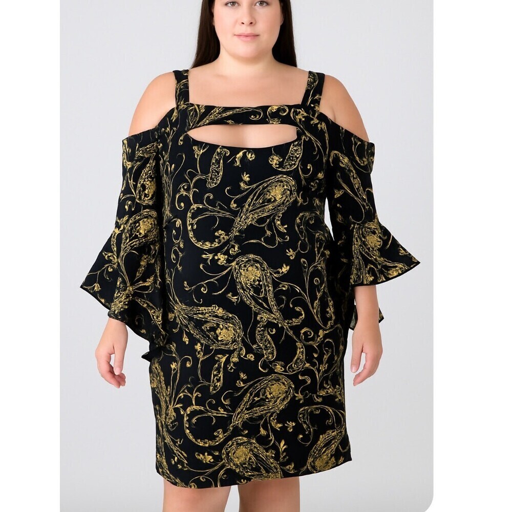 Ashley Stewart black chain print mini length trumpet sleeve SZ 14/16 stretch